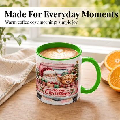 #pl[11oz|Green] Christmas Cow Truck Coffee Mug, Santa Holiday Mug, Ceramic Cup