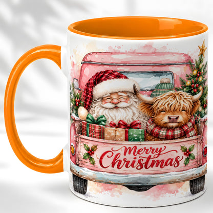 #pl[11oz|Orange] Christmas Cow Truck Coffee Mug, Santa Holiday Mug, Ceramic Cup
