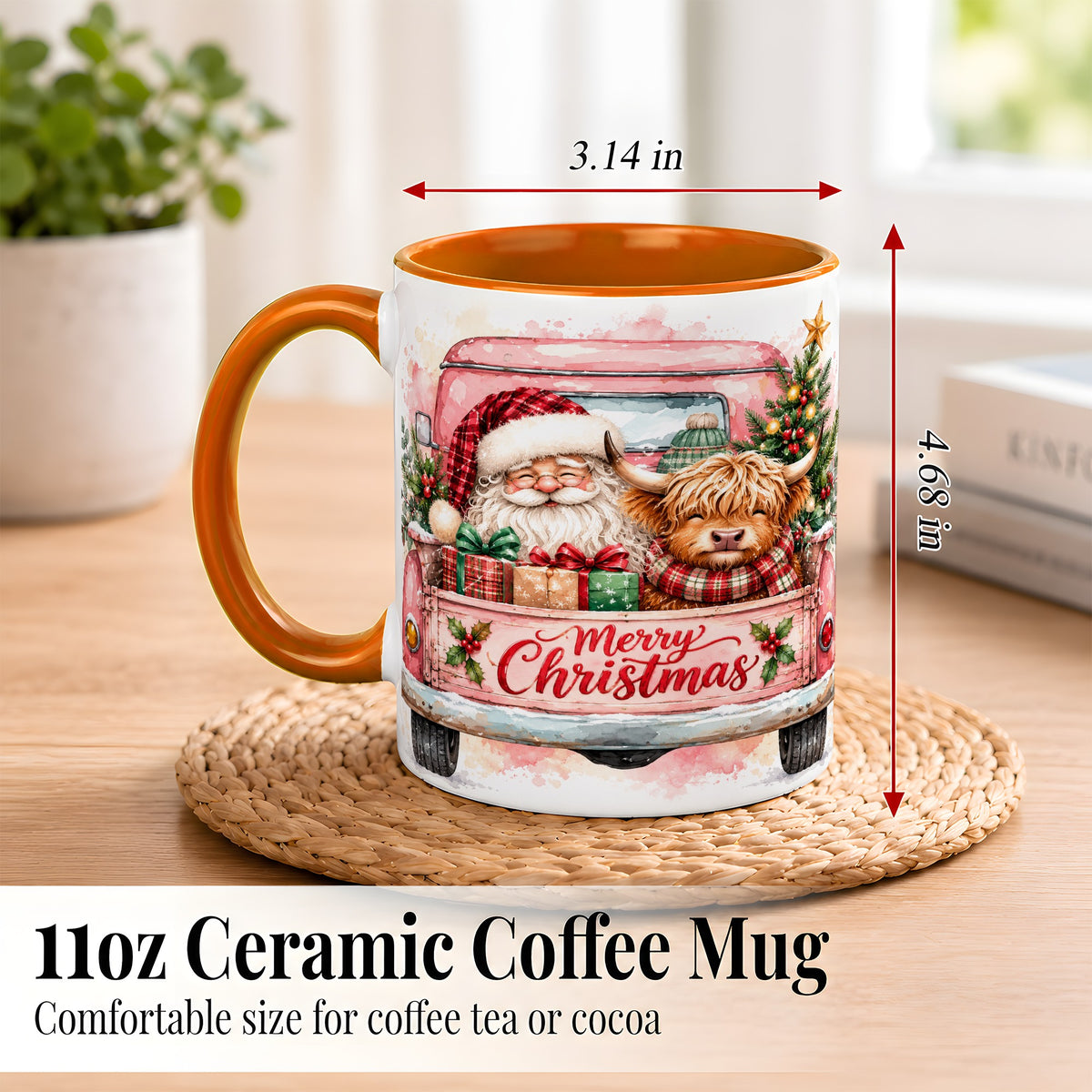 #pl[11oz|Orange] Christmas Cow Truck Coffee Mug, Santa Holiday Mug, Ceramic Cup