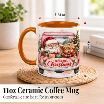 #pl[11oz|Orange] Christmas Cow Truck Coffee Mug, Santa Holiday Mug, Ceramic Cup
