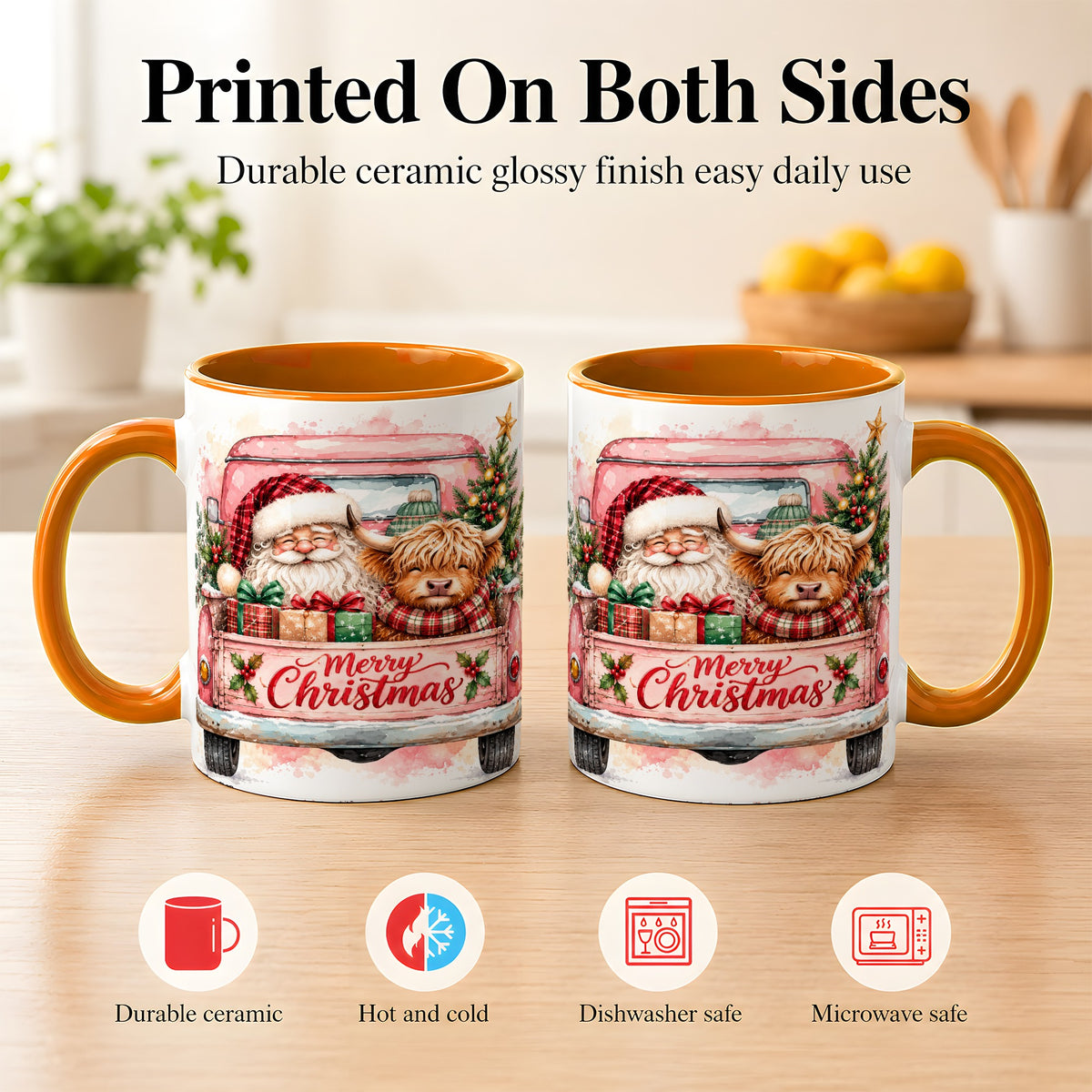 #pl[11oz|Orange] Christmas Cow Truck Coffee Mug, Santa Holiday Mug, Ceramic Cup