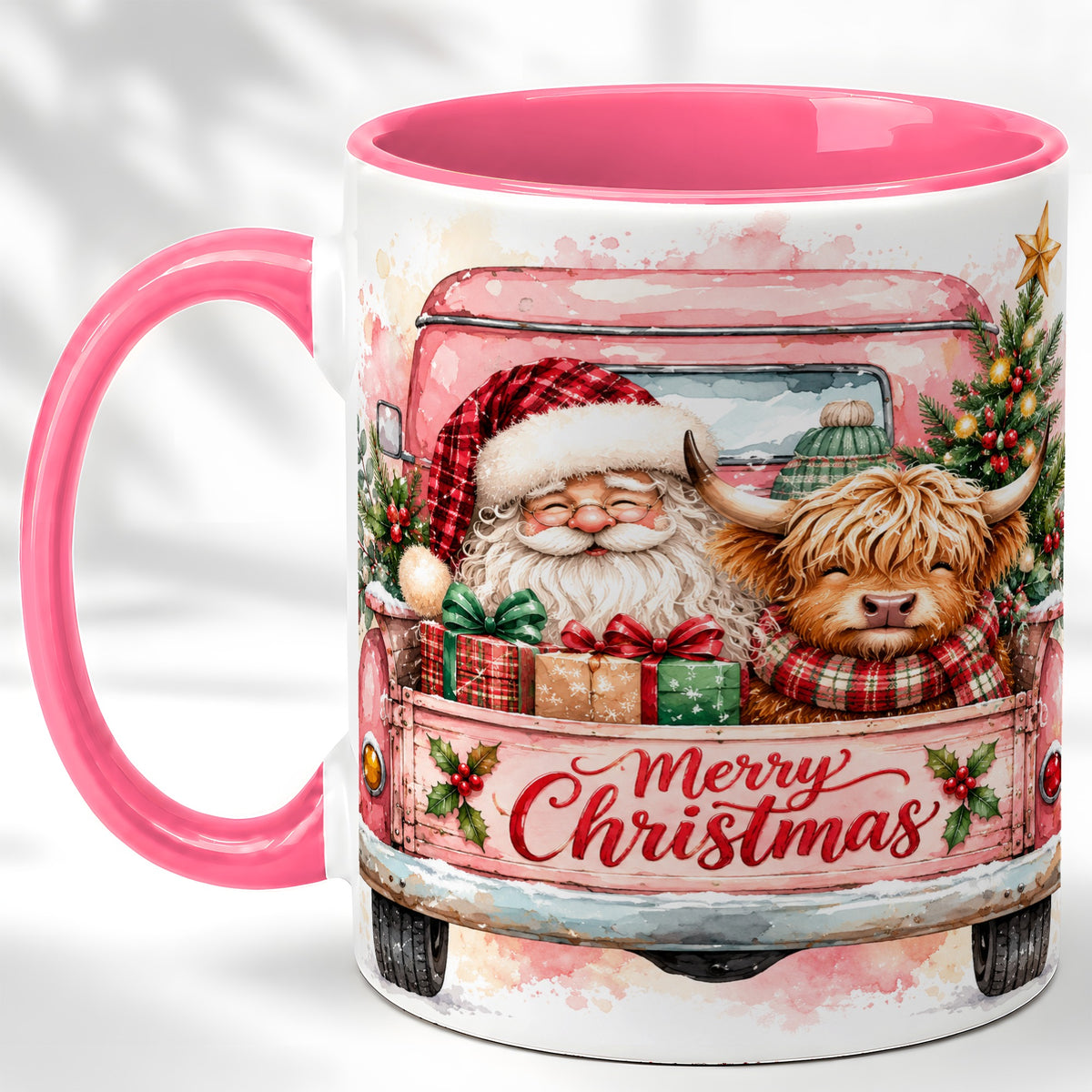 #pl[11oz|Pink] Christmas Cow Truck Coffee Mug, Santa Holiday Mug, Ceramic Cup