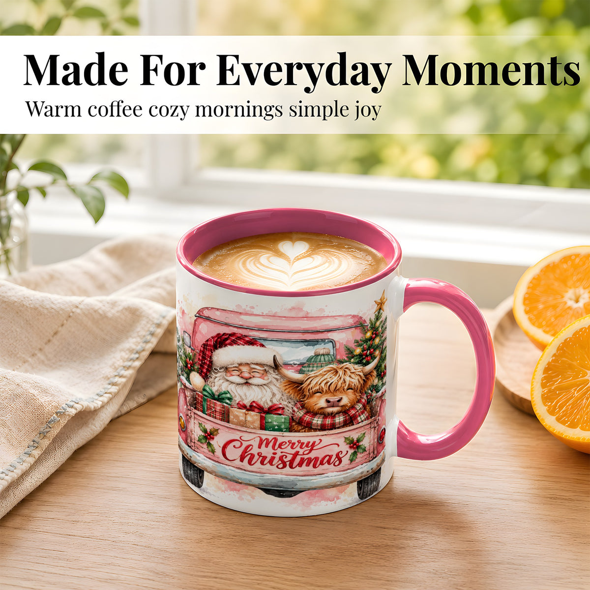 #pl[11oz|Pink] Christmas Cow Truck Coffee Mug, Santa Holiday Mug, Ceramic Cup