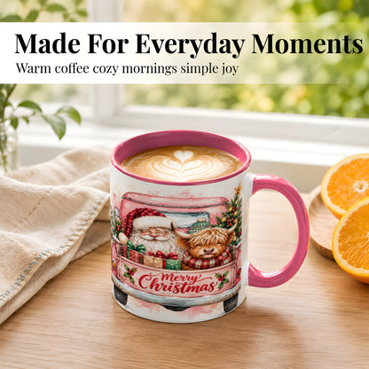 #pl[11oz|Pink] Christmas Cow Truck Coffee Mug, Santa Holiday Mug, Ceramic Cup