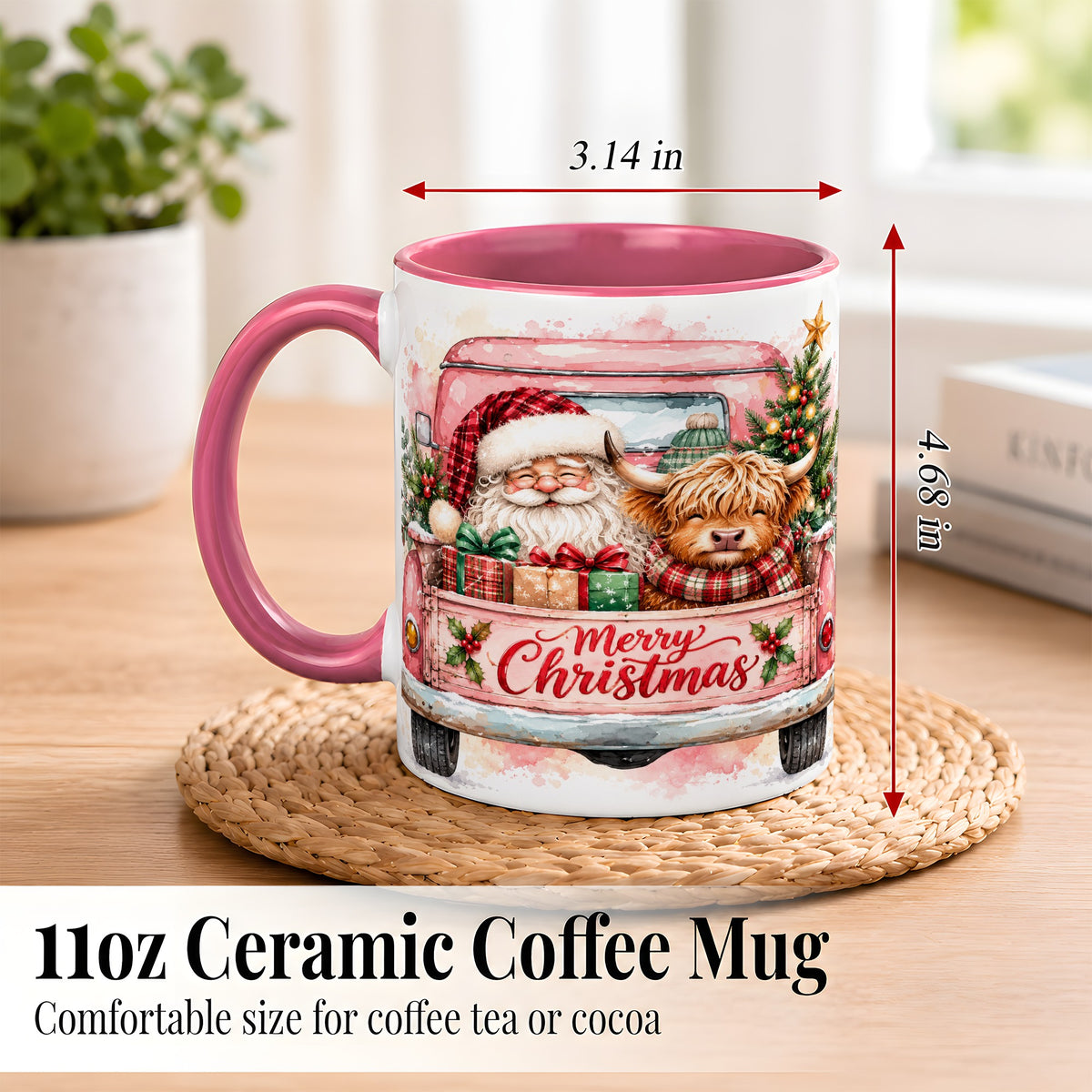 #pl[11oz|Pink] Christmas Cow Truck Coffee Mug, Santa Holiday Mug, Ceramic Cup