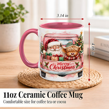 #pl[11oz|Pink] Christmas Cow Truck Coffee Mug, Santa Holiday Mug, Ceramic Cup