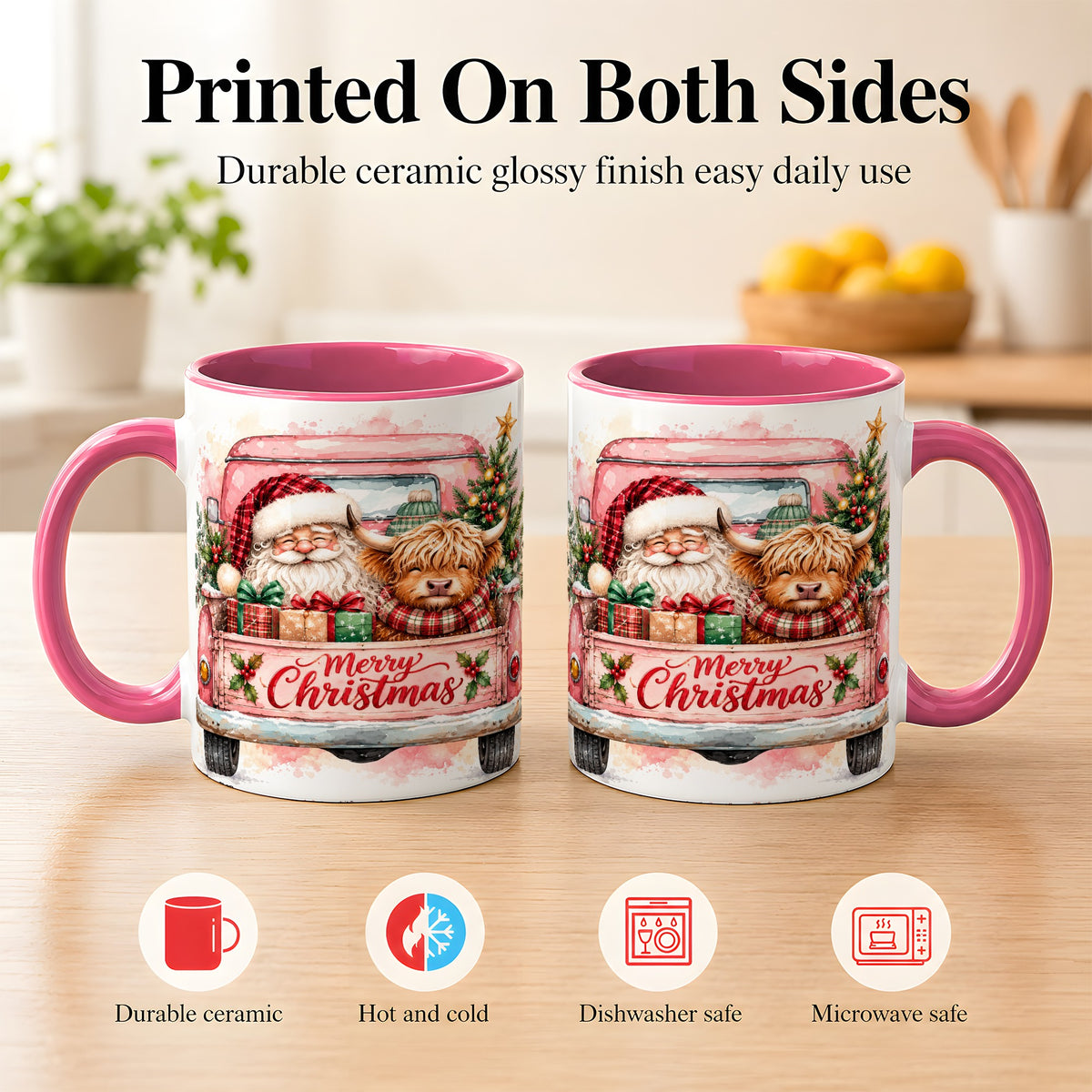 #pl[11oz|Pink] Christmas Cow Truck Coffee Mug, Santa Holiday Mug, Ceramic Cup