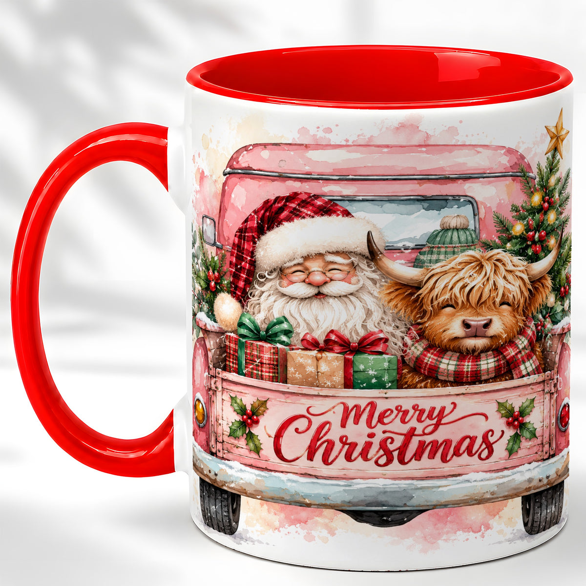 #pl[11oz|Red] Christmas Cow Truck Coffee Mug, Santa Holiday Mug, Ceramic Cup