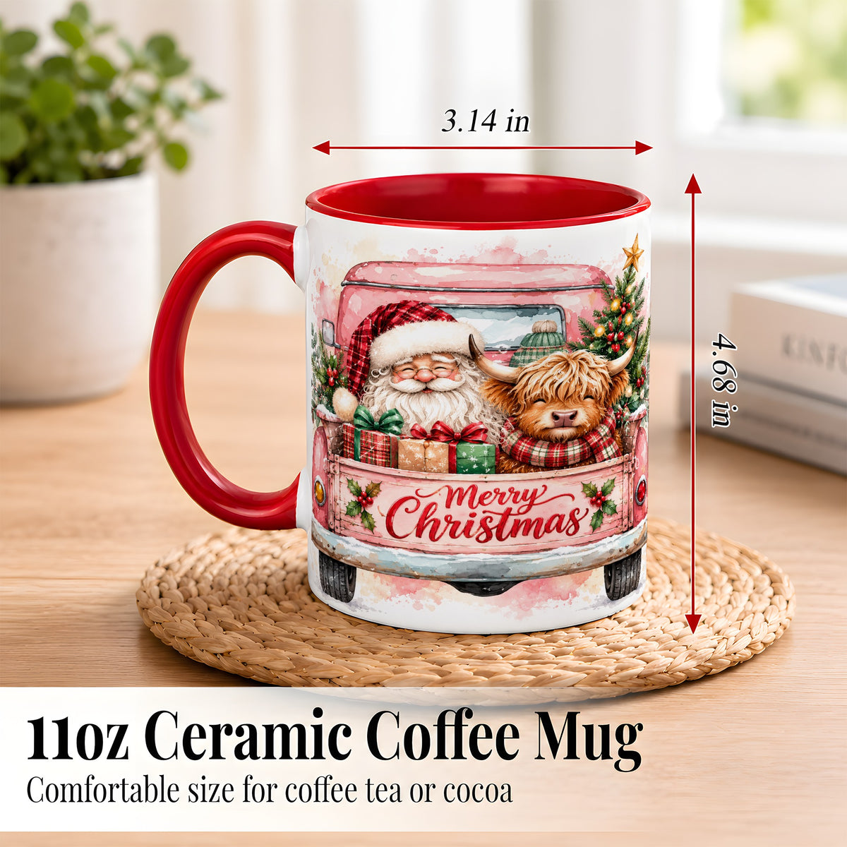 #pl[11oz|Red] Christmas Cow Truck Coffee Mug, Santa Holiday Mug, Ceramic Cup