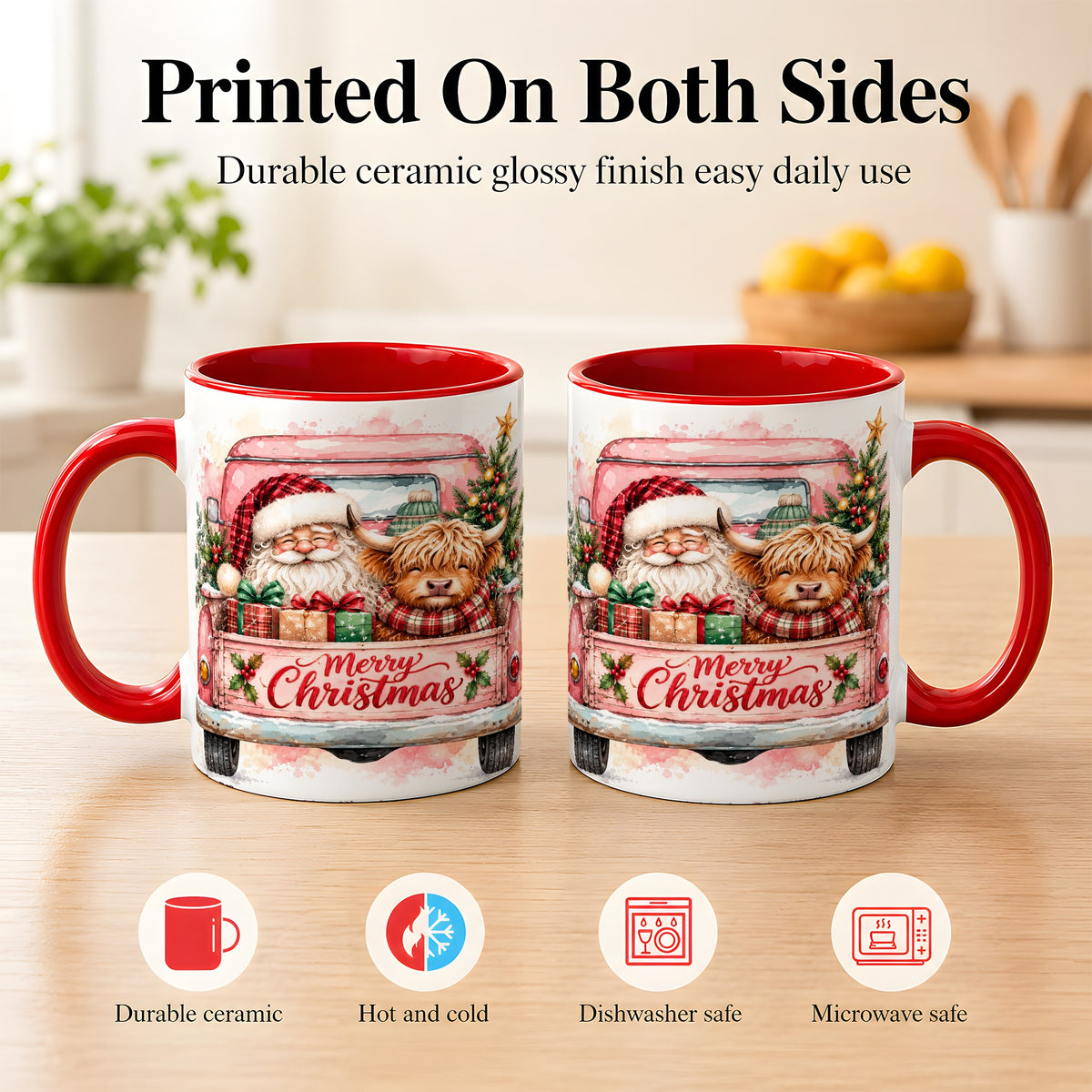 #pl[11oz|Red] Christmas Cow Truck Coffee Mug, Santa Holiday Mug, Ceramic Cup