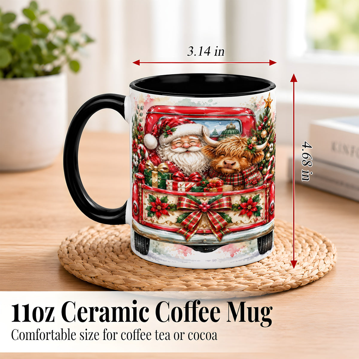 #pl[11oz|Black] Santa Highland Cow Coffee Mug, Christmas Cow Mug, Ceramic Cup