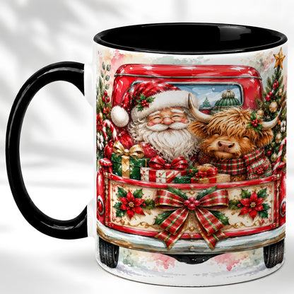 #pl[11oz|Black] Santa Highland Cow Coffee Mug, Christmas Cow Mug, Ceramic Cup
