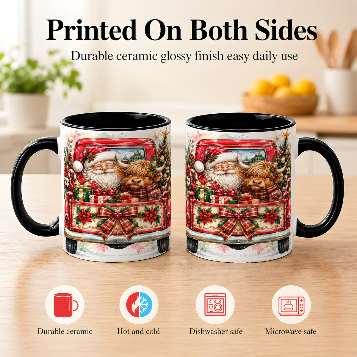 #pl[11oz|Black] Santa Highland Cow Coffee Mug, Christmas Cow Mug, Ceramic Cup