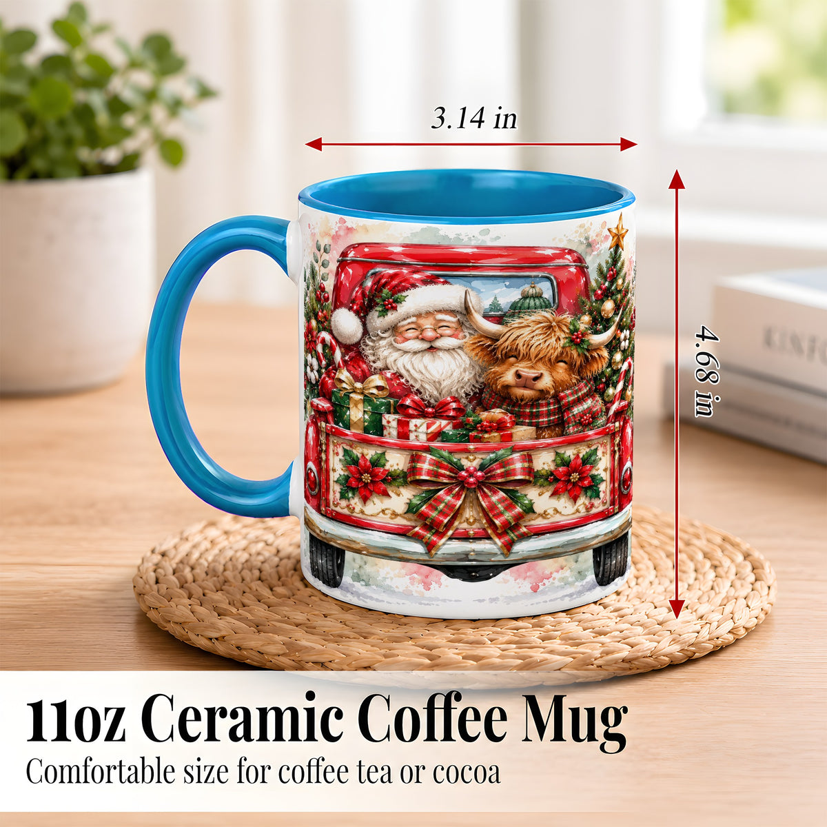 #pl[11oz|Blue] Santa Highland Cow Coffee Mug, Christmas Cow Mug, Ceramic Cup