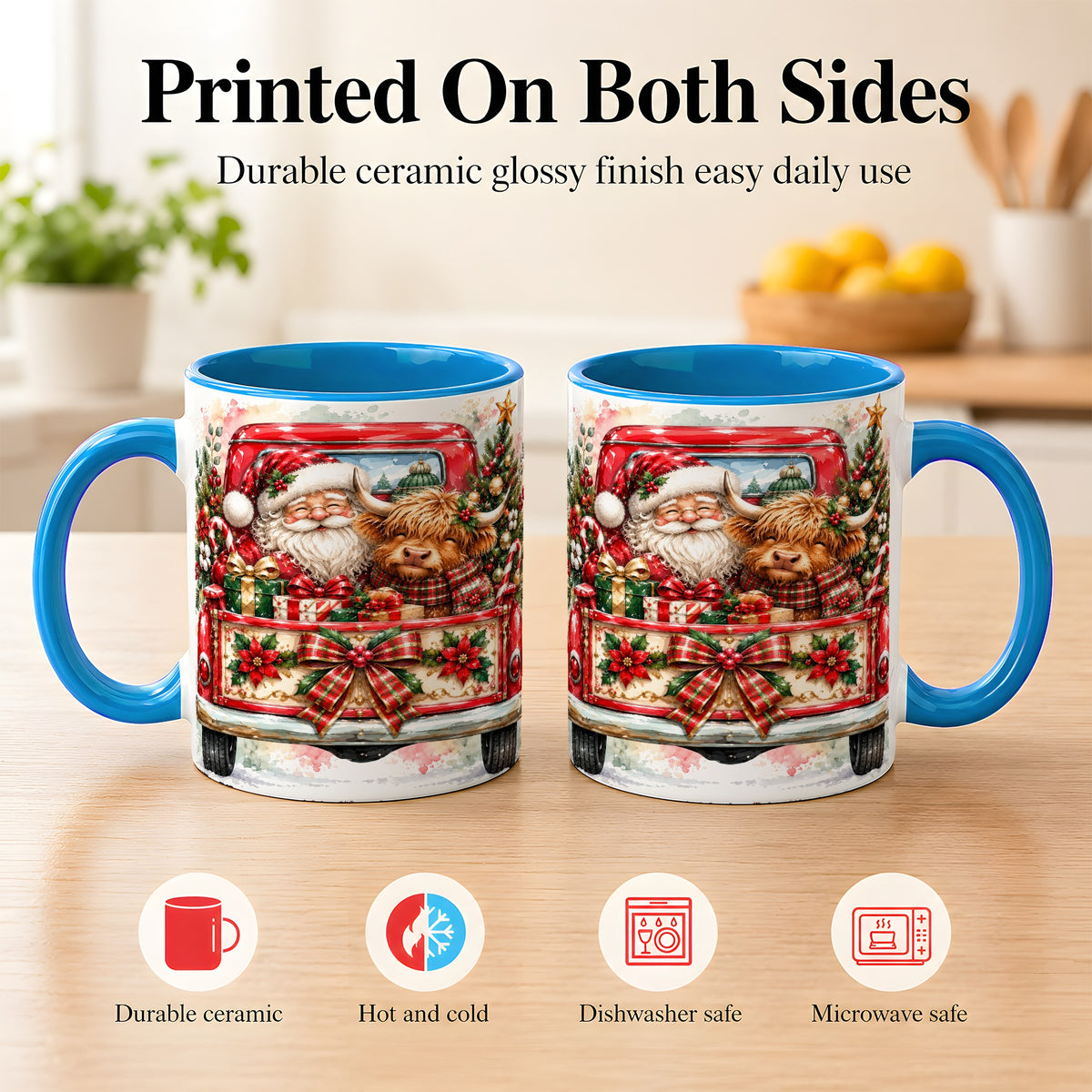 #pl[11oz|Blue] Santa Highland Cow Coffee Mug, Christmas Cow Mug, Ceramic Cup