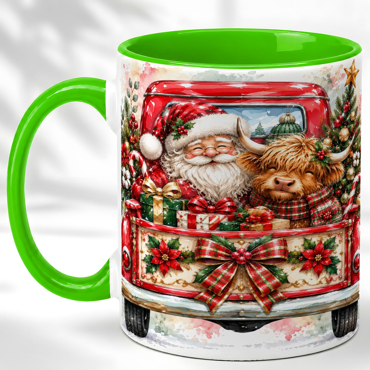 #pl[11oz|Green] Santa Highland Cow Coffee Mug, Christmas Cow Mug, Ceramic Cup