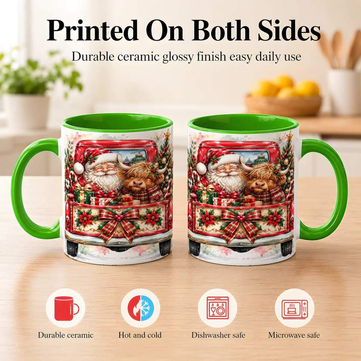 #pl[11oz|Green] Santa Highland Cow Coffee Mug, Christmas Cow Mug, Ceramic Cup