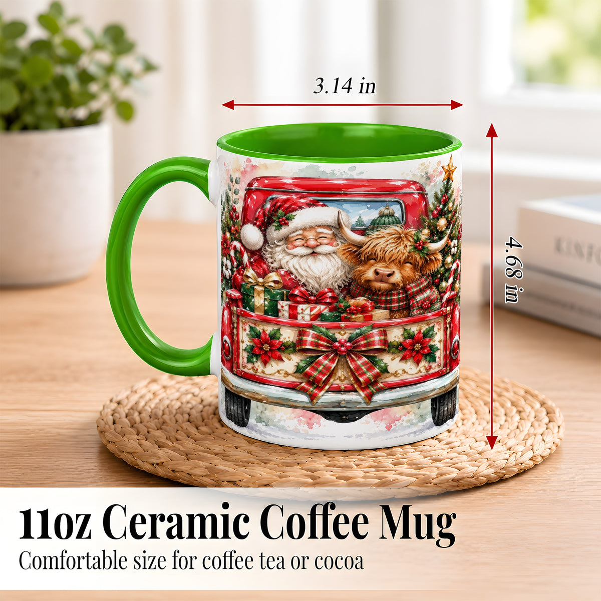 #pl[11oz|Green] Santa Highland Cow Coffee Mug, Christmas Cow Mug, Ceramic Cup