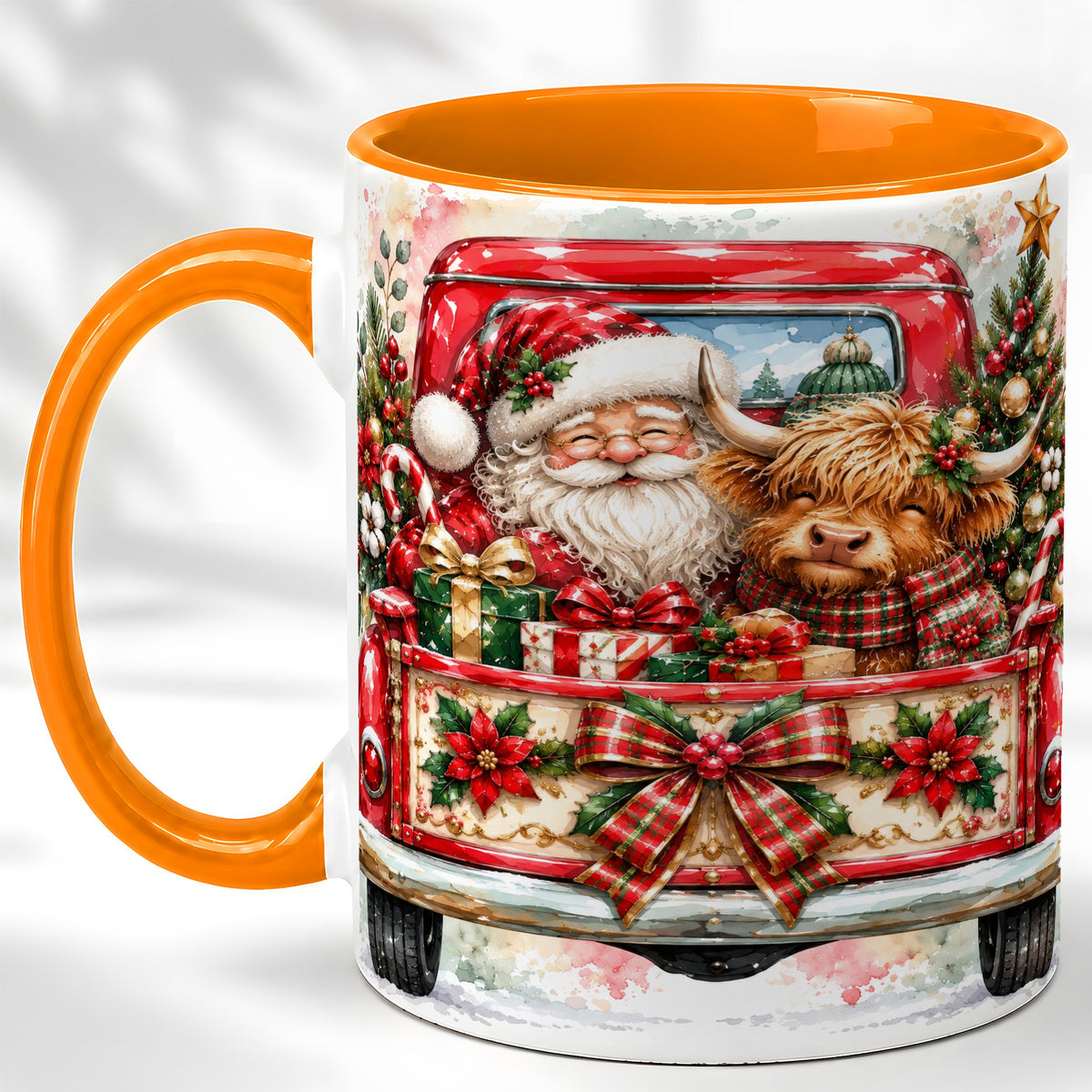 #pl[11oz|Orange] Santa Highland Cow Coffee Mug, Christmas Cow Mug, Ceramic Cup