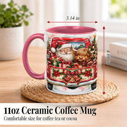 #pl[11oz|Pink] Santa Highland Cow Coffee Mug, Christmas Cow Mug, Ceramic Cup