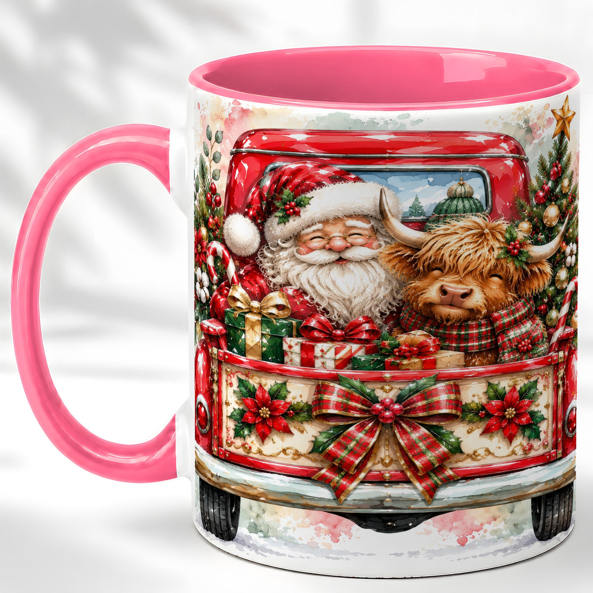#pl[11oz|Pink] Santa Highland Cow Coffee Mug, Christmas Cow Mug, Ceramic Cup