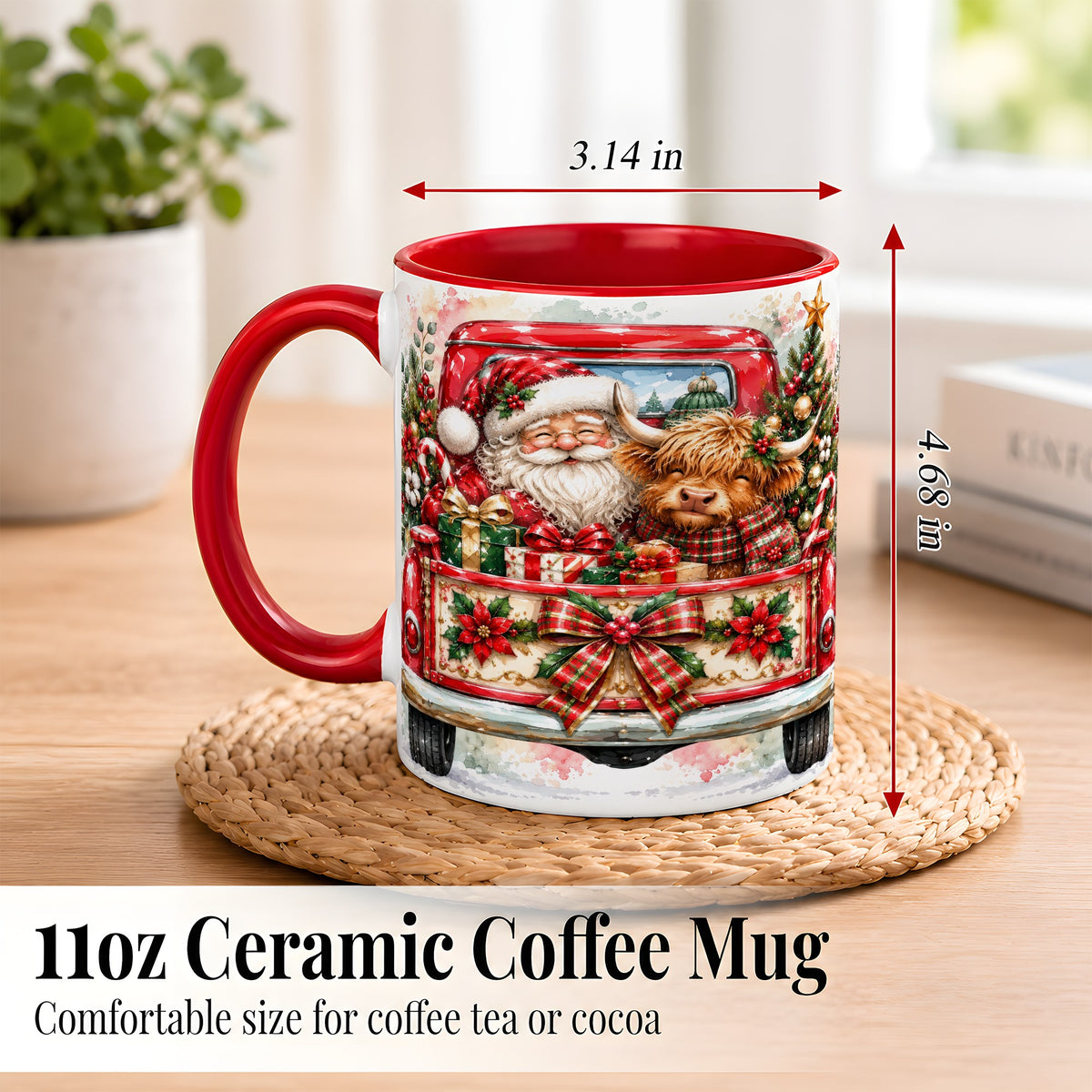 #pl[11oz|Red] Santa Highland Cow Coffee Mug, Christmas Cow Mug, Ceramic Cup