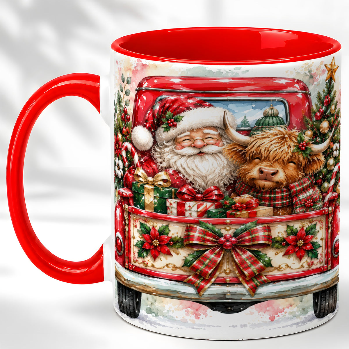 #pl[11oz|Red] Santa Highland Cow Coffee Mug, Christmas Cow Mug, Ceramic Cup