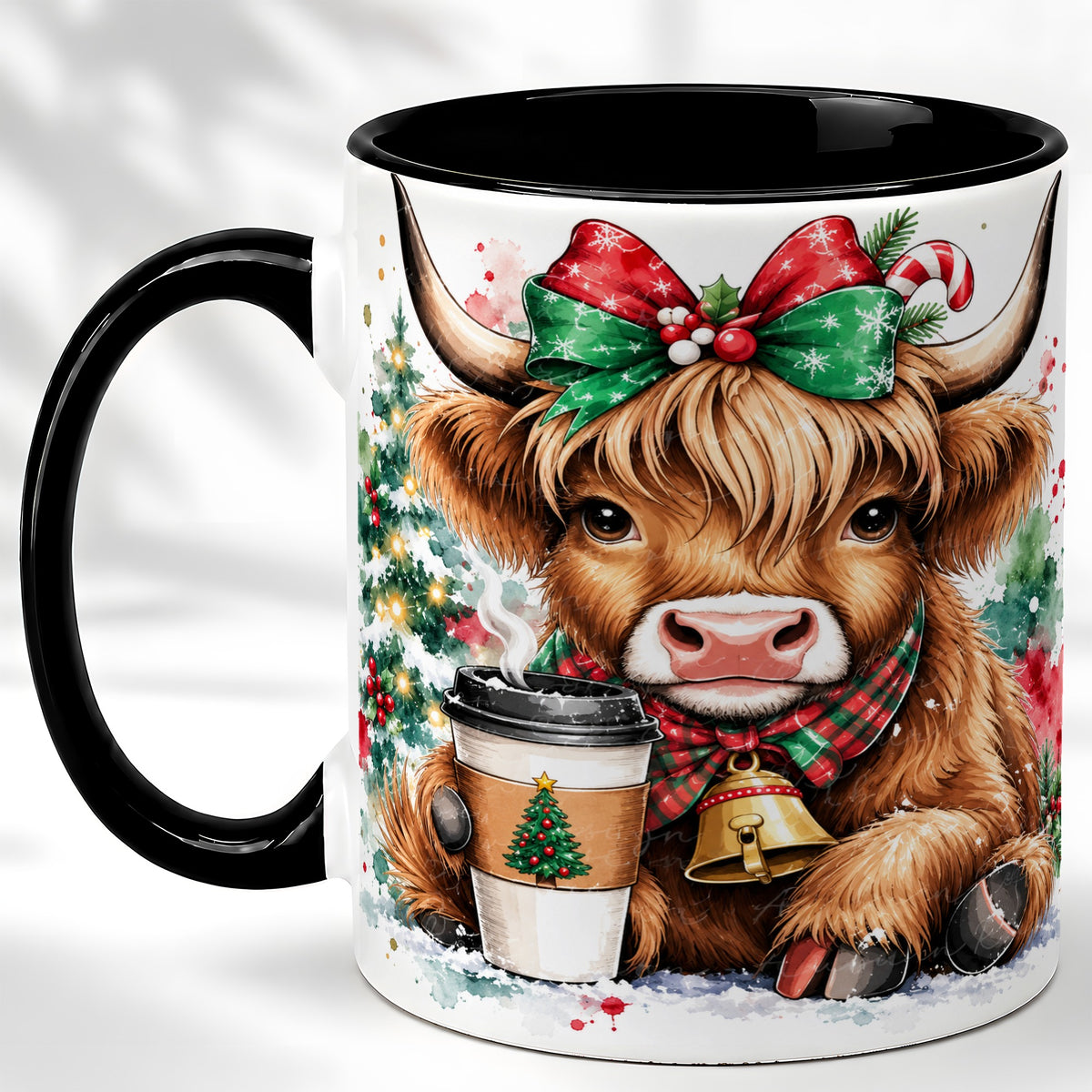 #pl[11oz|Black] Christmas Highland Cow Coffee Mug, Cozy Cow Mug, Ceramic Cup