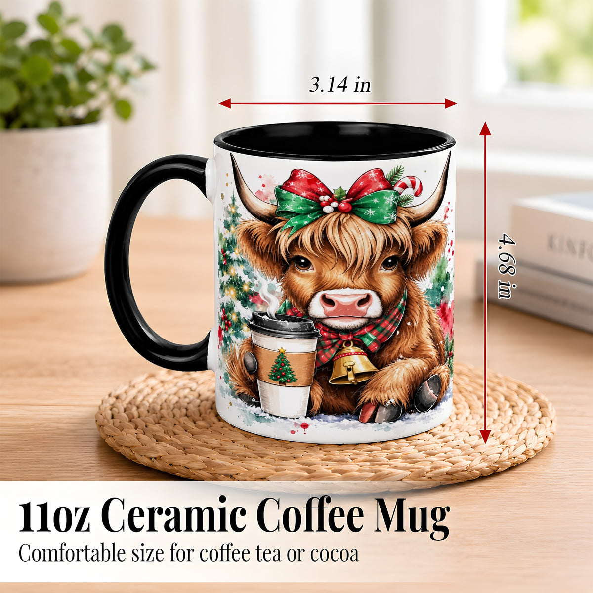 #pl[11oz|Black] Christmas Highland Cow Coffee Mug, Cozy Cow Mug, Ceramic Cup