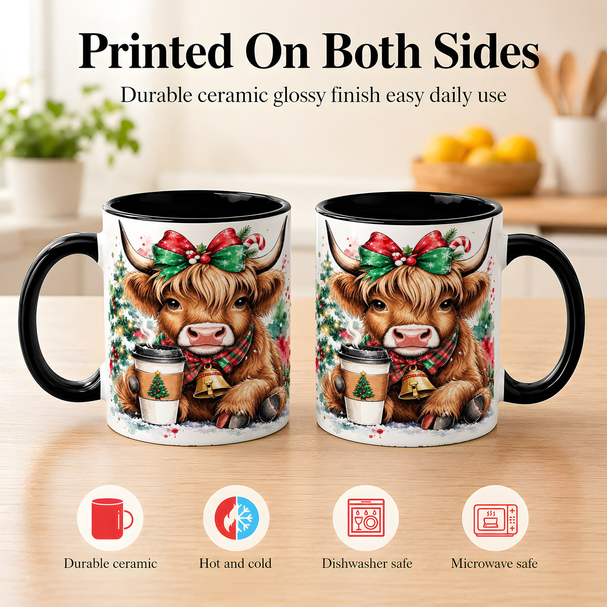 #pl[11oz|Black] Christmas Highland Cow Coffee Mug, Cozy Cow Mug, Ceramic Cup