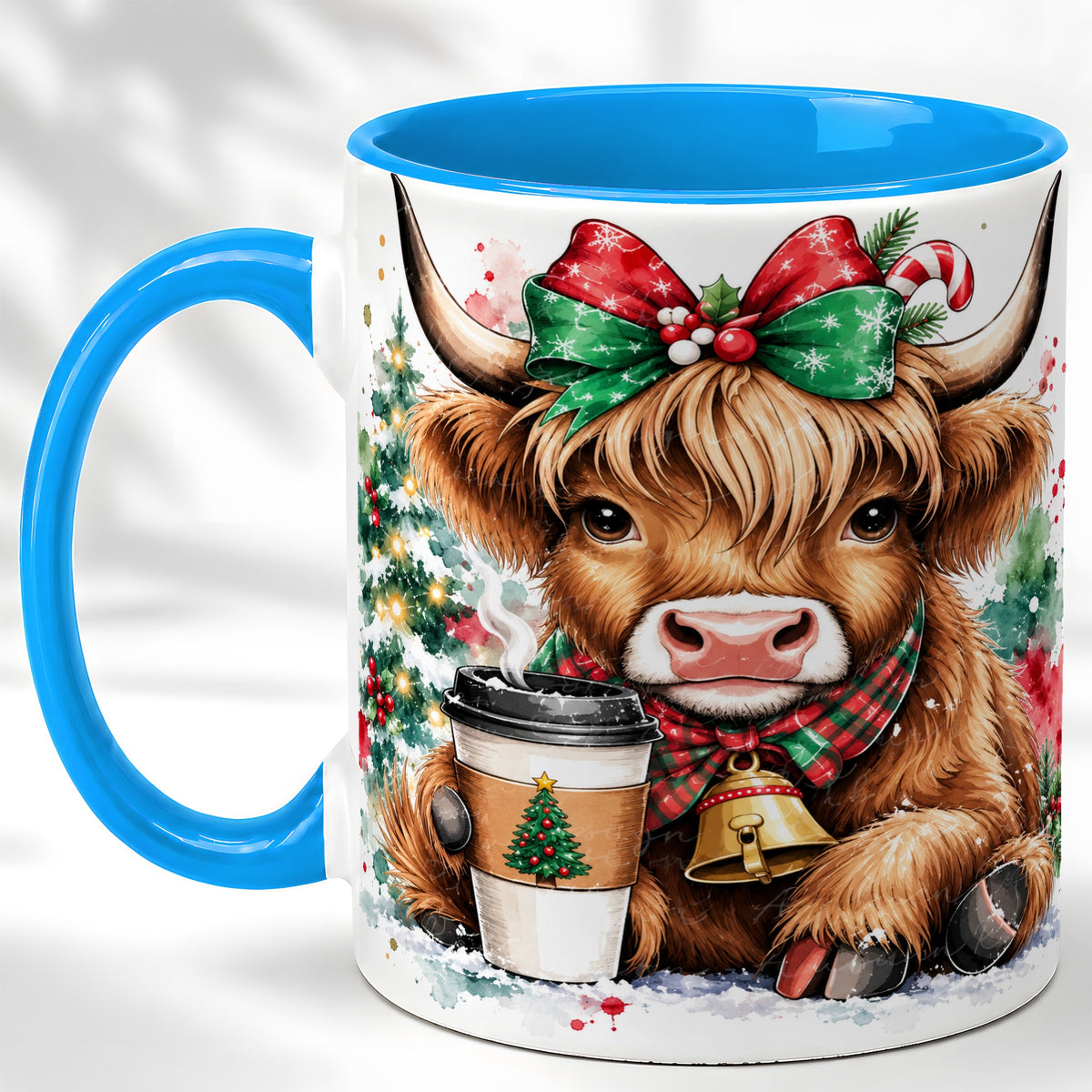#pl[11oz|Blue] Christmas Highland Cow Coffee Mug, Cozy Cow Mug, Ceramic Cup