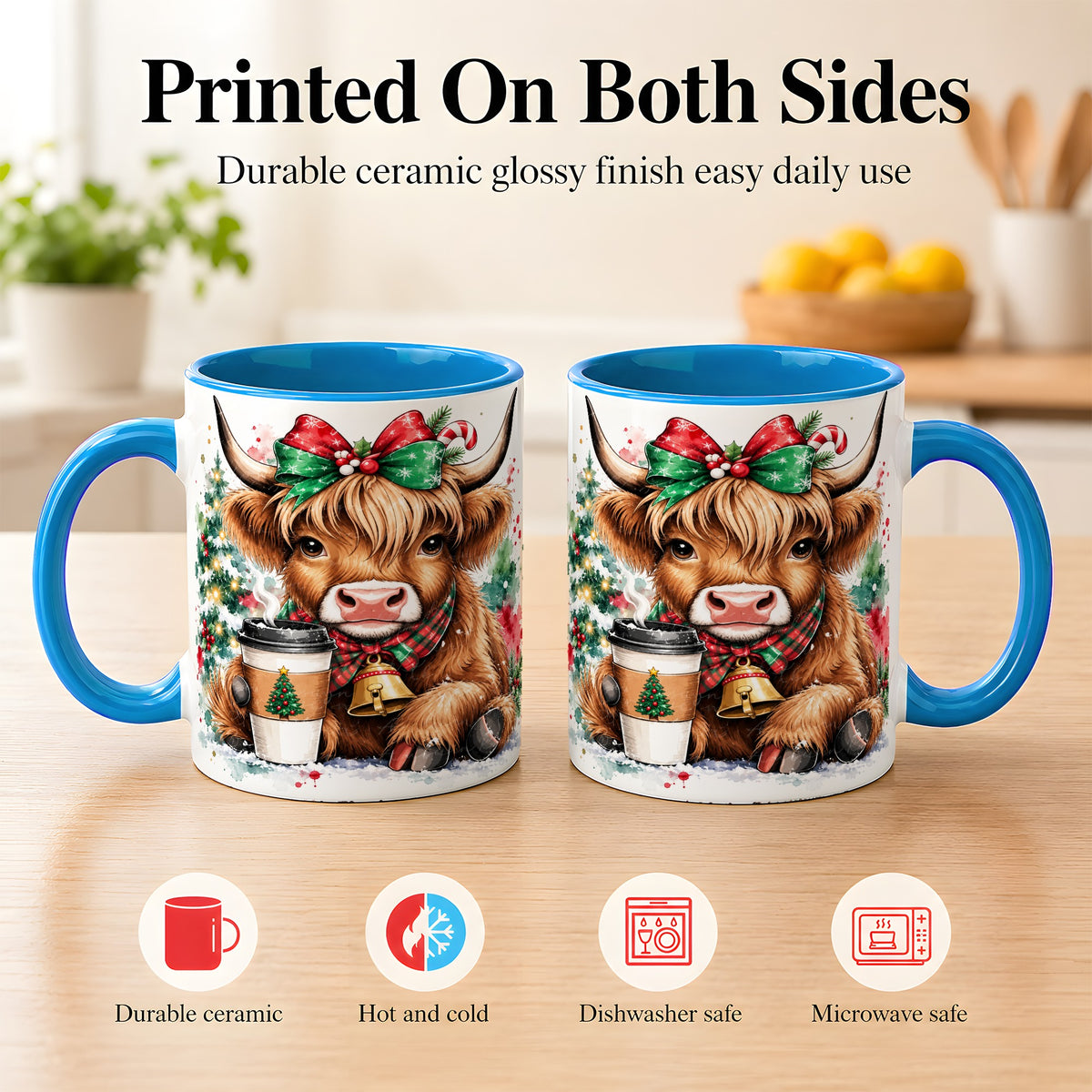 #pl[11oz|Blue] Christmas Highland Cow Coffee Mug, Cozy Cow Mug, Ceramic Cup