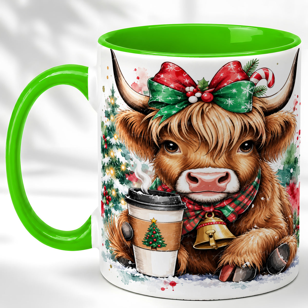 #pl[11oz|Green] Christmas Highland Cow Coffee Mug, Cozy Cow Mug, Ceramic Cup