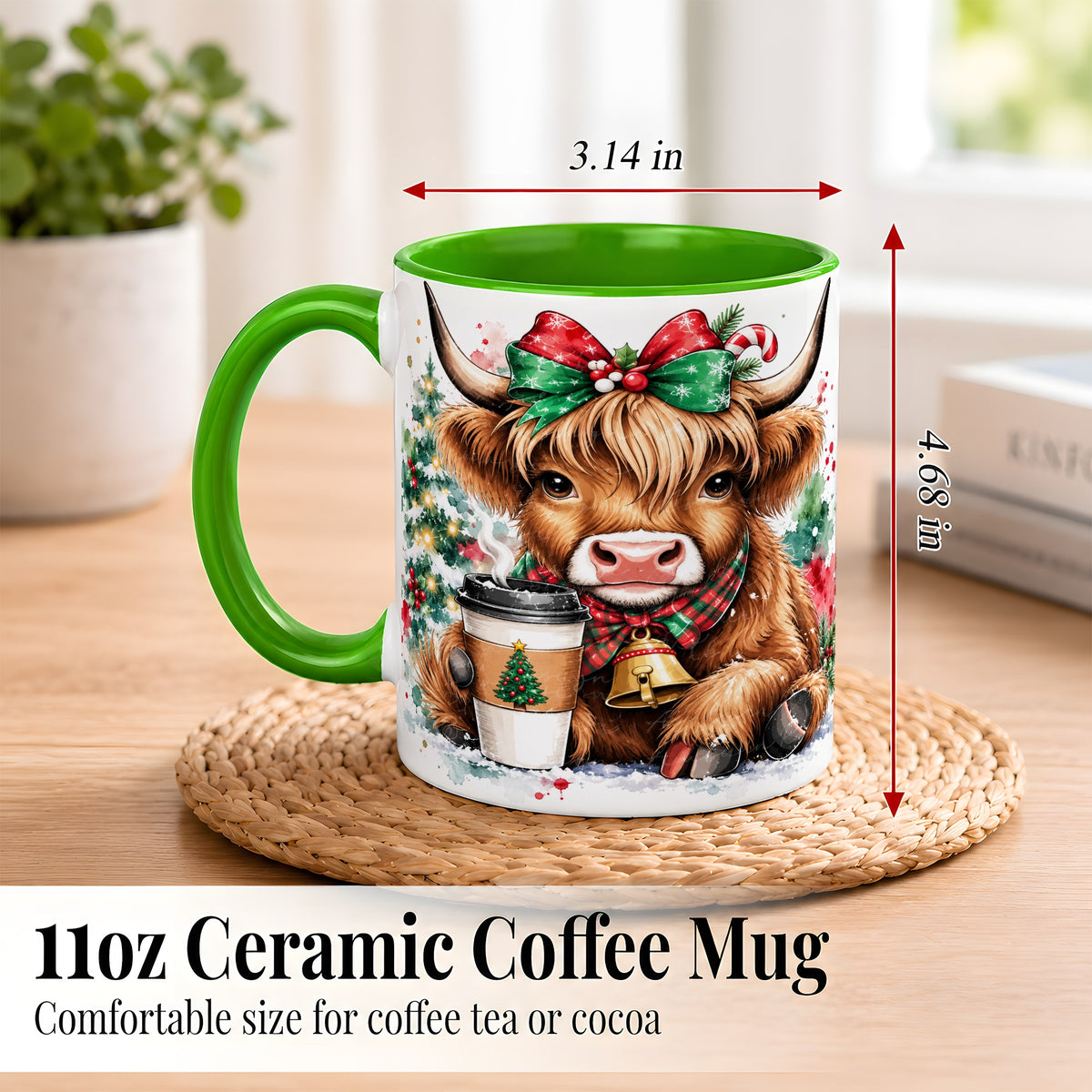 #pl[11oz|Green] Christmas Highland Cow Coffee Mug, Cozy Cow Mug, Ceramic Cup