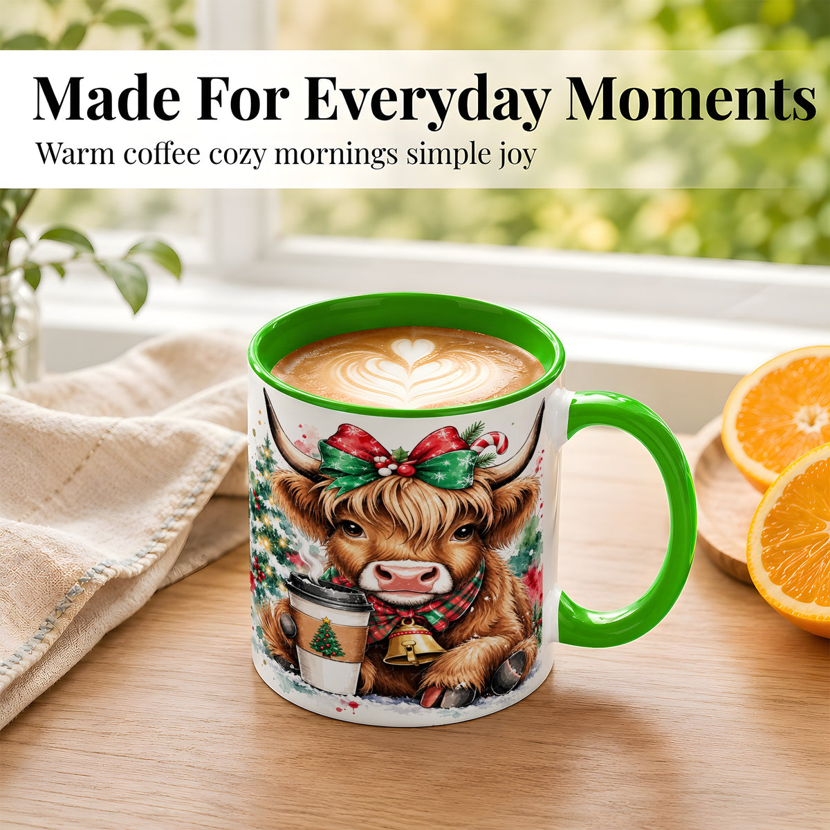 #pl[11oz|Green] Christmas Highland Cow Coffee Mug, Cozy Cow Mug, Ceramic Cup