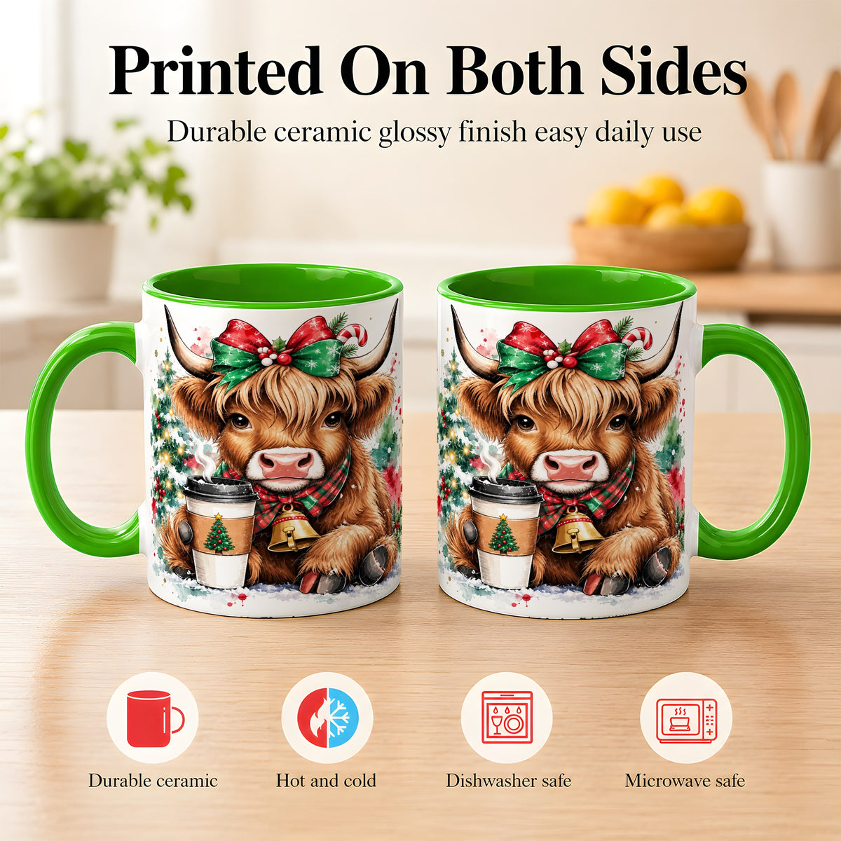 #pl[11oz|Green] Christmas Highland Cow Coffee Mug, Cozy Cow Mug, Ceramic Cup