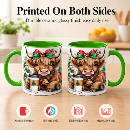 #pl[11oz|Green] Christmas Highland Cow Coffee Mug, Cozy Cow Mug, Ceramic Cup