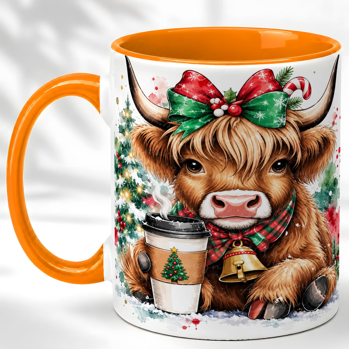 #pl[11oz|Orange] Christmas Highland Cow Coffee Mug, Cozy Cow Mug, Ceramic Cup