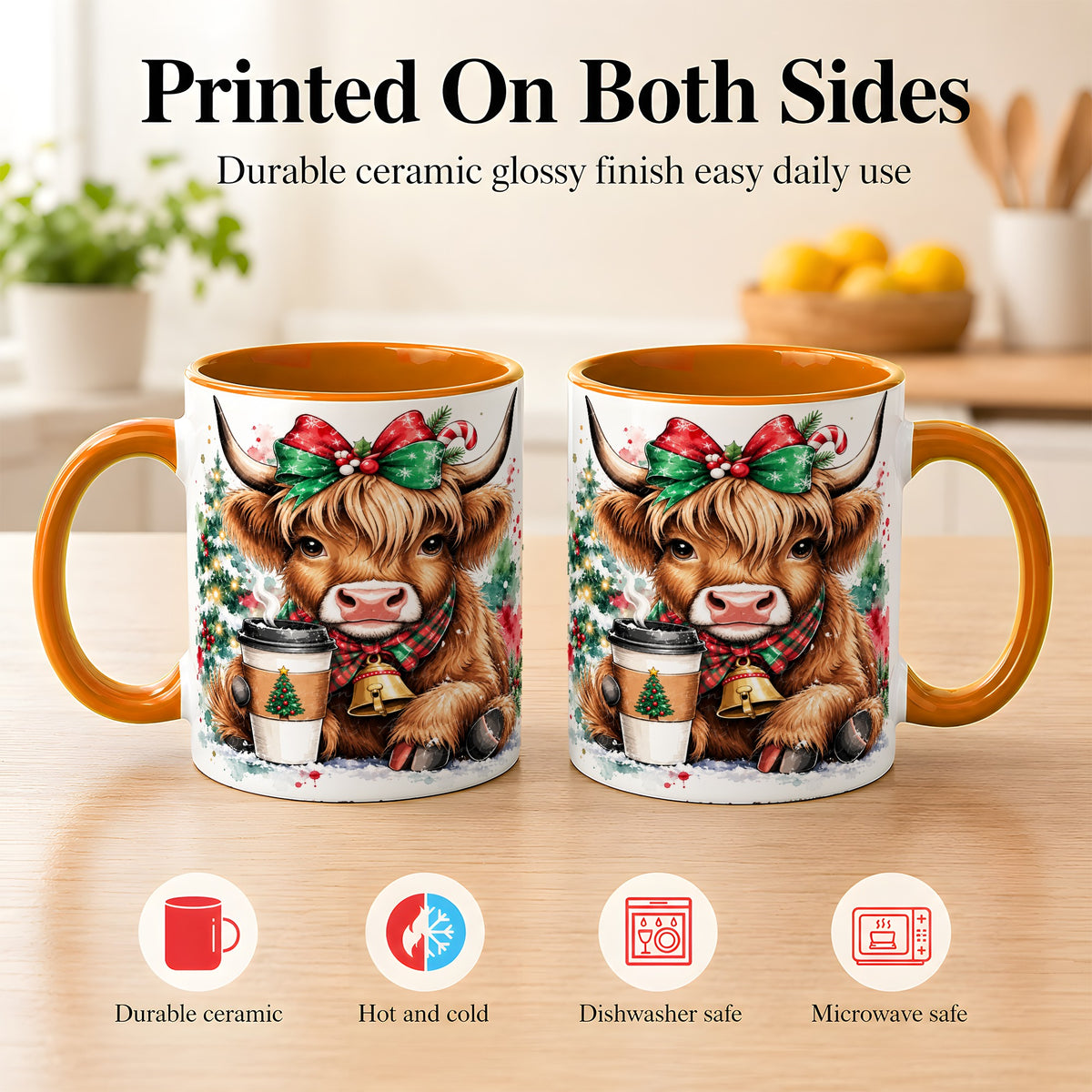#pl[11oz|Orange] Christmas Highland Cow Coffee Mug, Cozy Cow Mug, Ceramic Cup