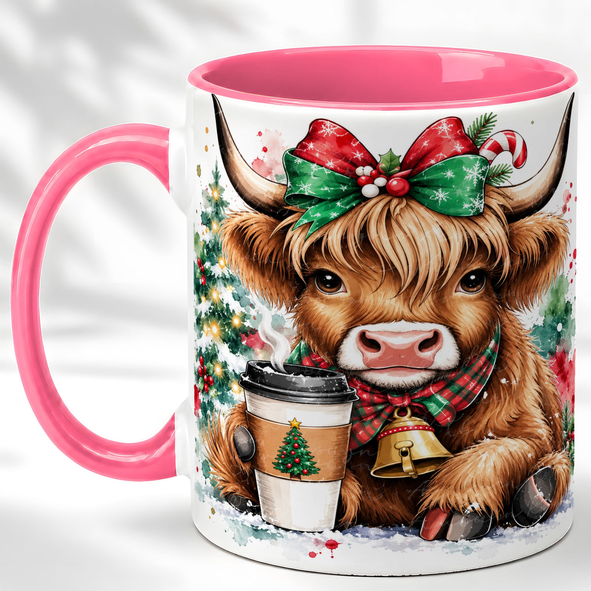 #pl[11oz|Pink] Christmas Highland Cow Coffee Mug, Cozy Cow Mug, Ceramic Cup