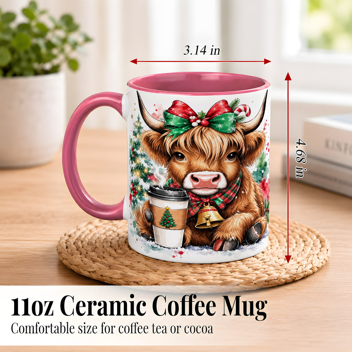 #pl[11oz|Pink] Christmas Highland Cow Coffee Mug, Cozy Cow Mug, Ceramic Cup