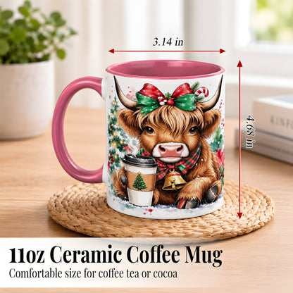 #pl[11oz|Pink] Christmas Highland Cow Coffee Mug, Cozy Cow Mug, Ceramic Cup