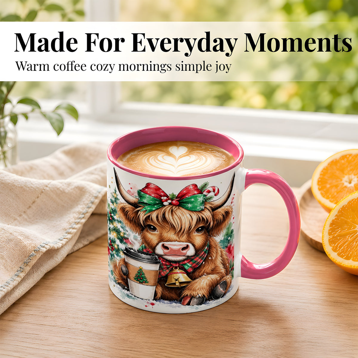 #pl[11oz|Pink] Christmas Highland Cow Coffee Mug, Cozy Cow Mug, Ceramic Cup