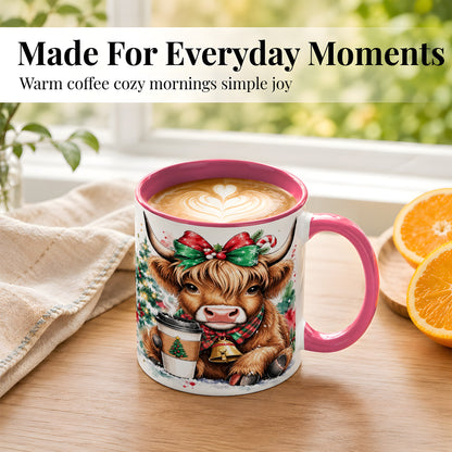 #pl[11oz|Pink] Christmas Highland Cow Coffee Mug, Cozy Cow Mug, Ceramic Cup