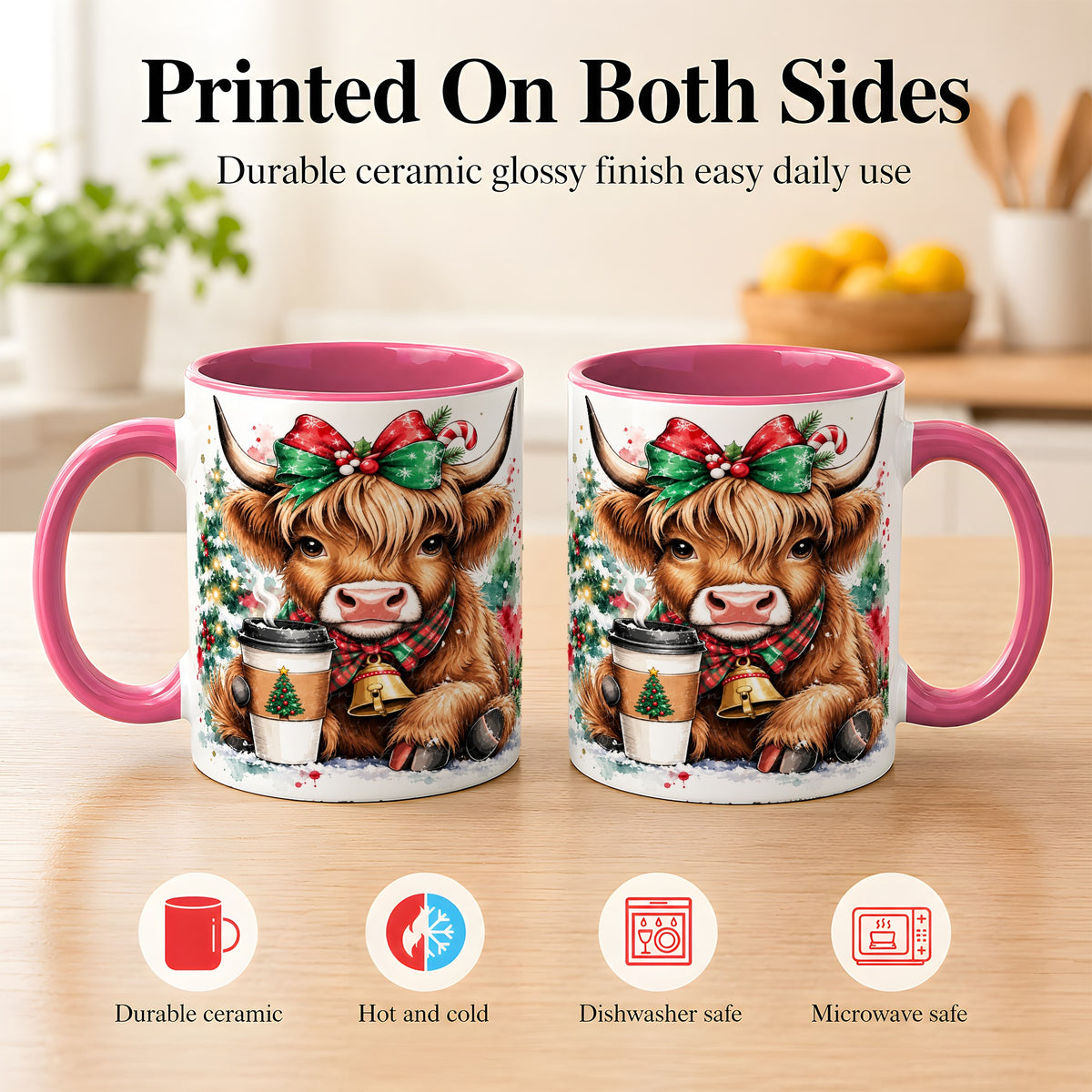 #pl[11oz|Pink] Christmas Highland Cow Coffee Mug, Cozy Cow Mug, Ceramic Cup