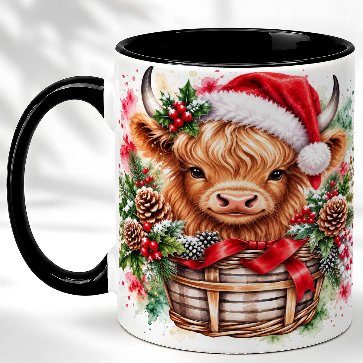 #pl[11oz|Black] Santa Hat Highland Cow Coffee Mug, Christmas Cow Mug, Ceramic Cup
