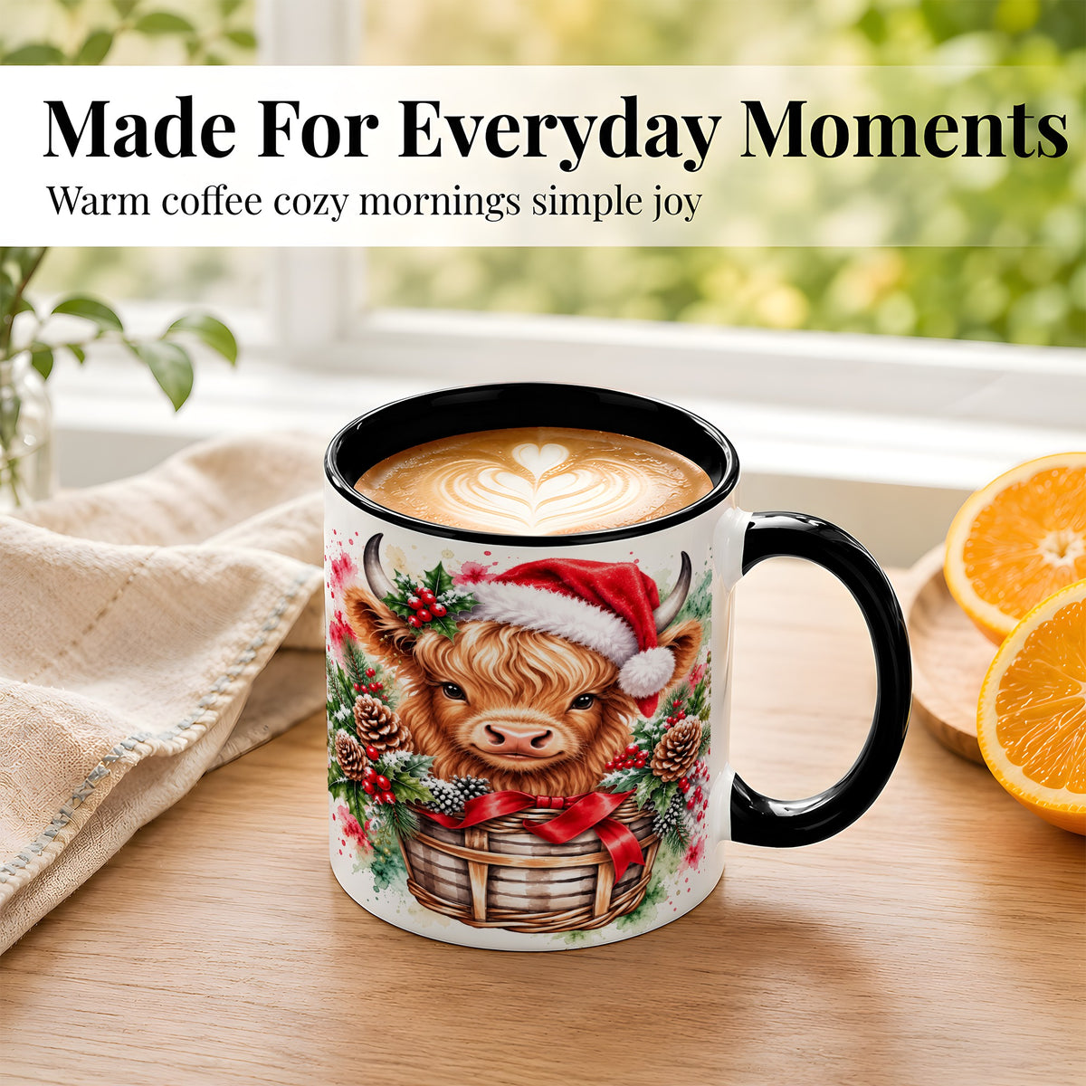 #pl[11oz|Black] Santa Hat Highland Cow Coffee Mug, Christmas Cow Mug, Ceramic Cup