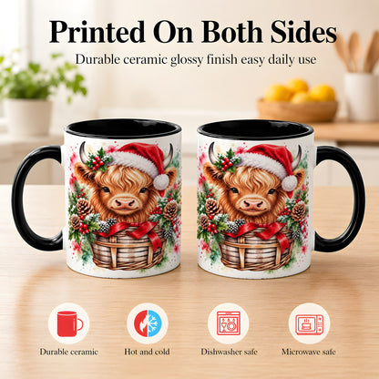 #pl[11oz|Black] Santa Hat Highland Cow Coffee Mug, Christmas Cow Mug, Ceramic Cup