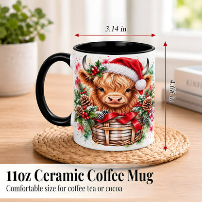 #pl[11oz|Black] Santa Hat Highland Cow Coffee Mug, Christmas Cow Mug, Ceramic Cup