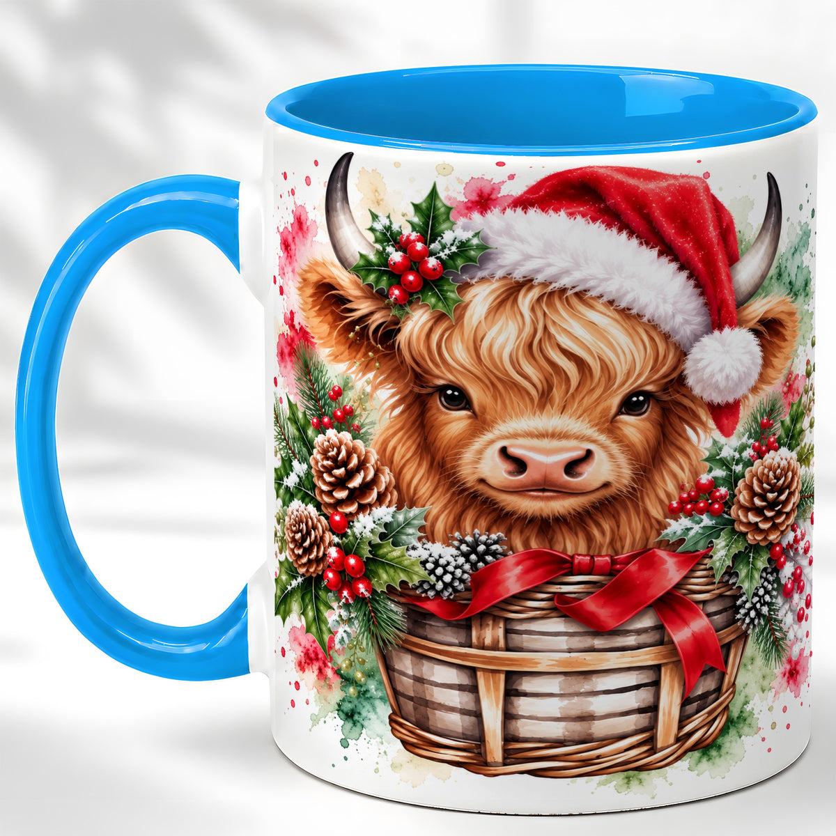 #pl[11oz|Blue] Santa Hat Highland Cow Coffee Mug, Christmas Cow Mug, Ceramic Cup